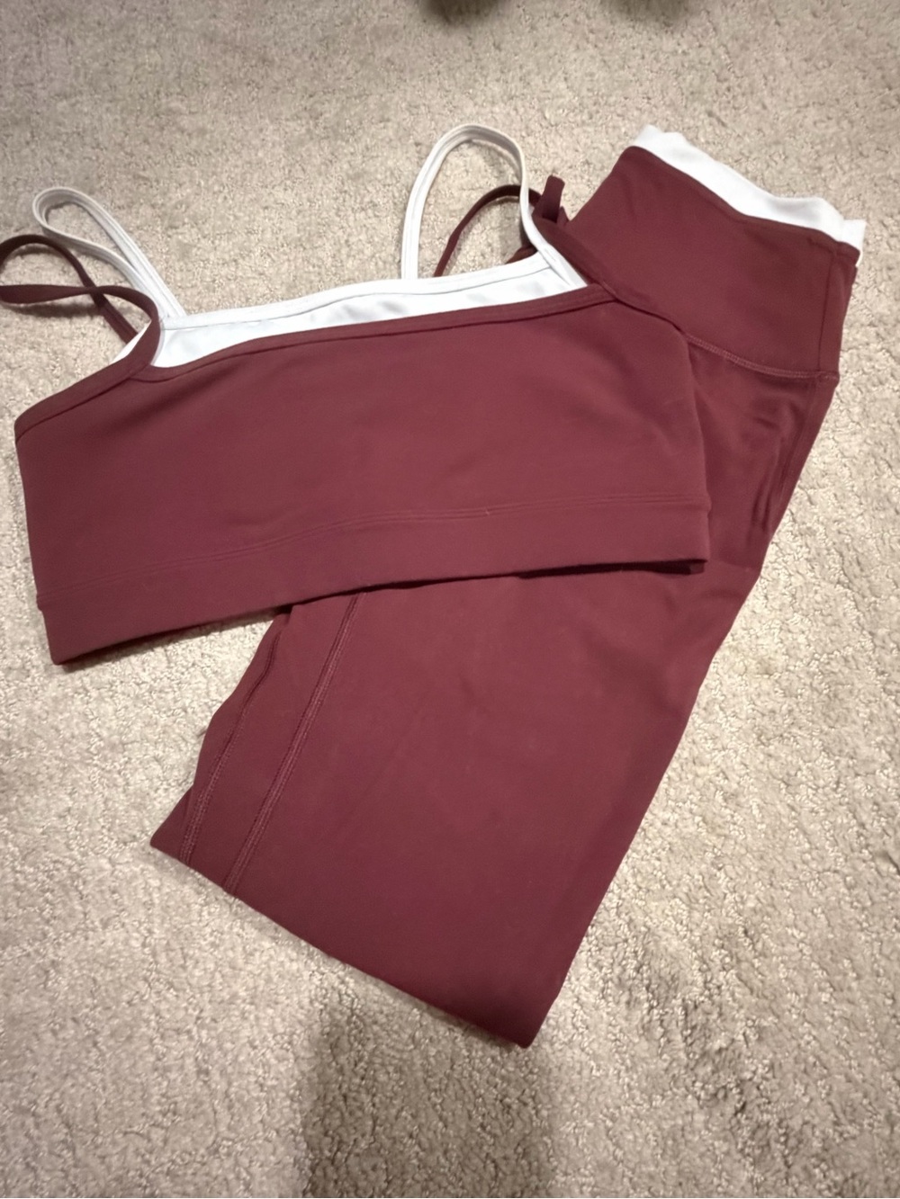 YPB High-Rise Wine Seamless Leggings with White-Trim Bralette